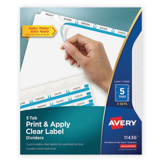 Picture of Print and Apply Index Maker Clear Label Dividers, 5-Tab, White Tabs, 11 x 8.5, White, 5 Sets