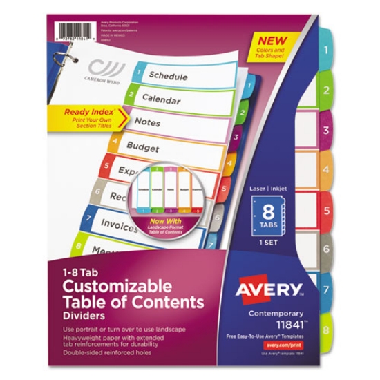 Picture of Customizable TOC Ready Index Multicolor Tab Dividers, 8-Tab, 1 to 8, 11 x 8.5, White, Contemporary Color Tabs, 1 Set