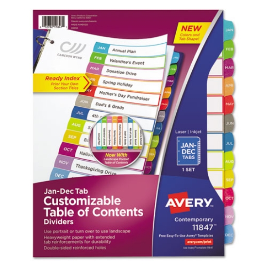 Picture of Customizable TOC Ready Index Multicolor Tab Dividers, 12-Tab, Jan. to Dec., 11 x 8.5, White, Contemporary Color Tabs, 1 Set