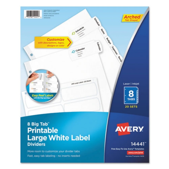 Picture of Big Tab Printable Large White Label Tab Dividers, 8-Tab, 11 x 8.5, White, 20 Sets