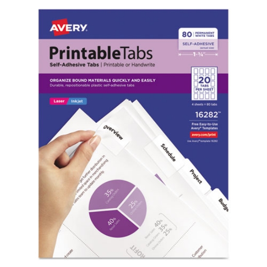 Picture of Printable Plastic Tabs with Repositionable Adhesive, 1/5-Cut, White, 1.75" Wide, 80/Pack