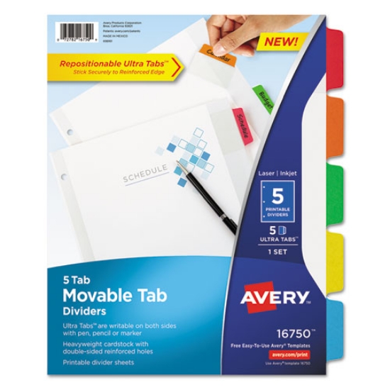 Picture of Movable Tab Dividers With Color Tabs, 5-Tab, 11 X 8.5, White, 1 Set
