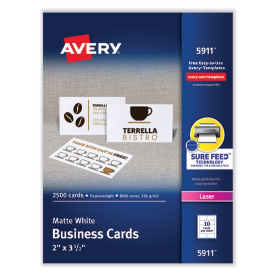 Picture of Printable Microperforated Business Cards W/sure Feed Technology, Laser, 2 X 3.5, White, 2,500 Cards, 10/sheet, 250 Sheets/box