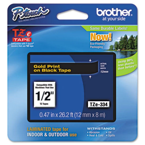 Picture of Tze Standard Adhesive Laminated Labeling Tape, 0.47" X 26.2 Ft, Gold On Black