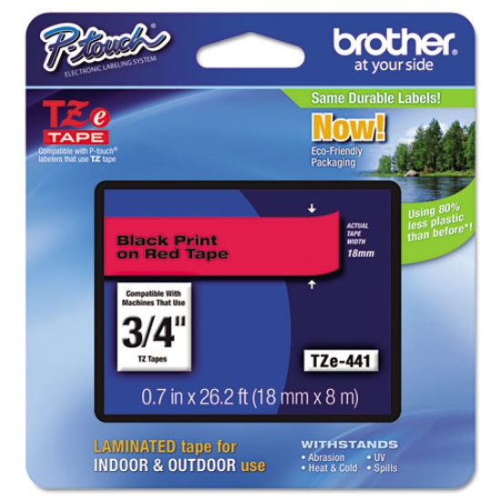 Picture of Tze Standard Adhesive Laminated Labeling Tape, 0.7" X 26.2 Ft, Black On Red
