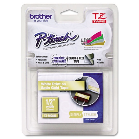 Picture of Tz Standard Adhesive Laminated Labeling Tape, 0.47" X 16.4 Ft, White/satin Gold