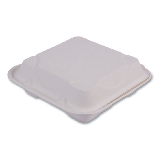 Picture of Bagasse Hinged Clamshell Containers, 3-Compartment, 9 x 9 x 3, White, Sugarcane, 50/Pack, 4 Packs/Carton