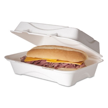 Picture of Bagasse Hinged Clamshell Containers, 9 x 6 x 3, White, Sugarcane, 50/Pack, 5 Packs/Carton