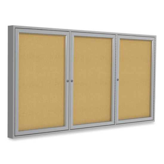 Picture of 3 Door Enclosed Natural Cork Bulletin Board with Satin Aluminum Frame, 72 x 48, Tan Surface, Ships in 7-10 Business Days