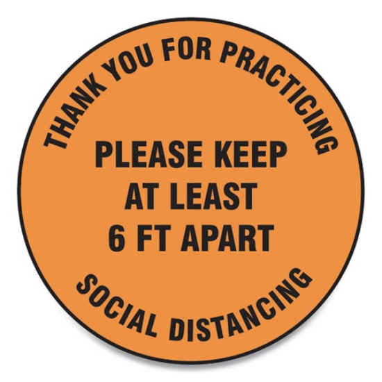Picture of Slip-Gard Floor Signs, 12" Circle,"thank You For Practicing Social Distancing Please Keep At Least 6 Ft Apart", Orange, 25/pk