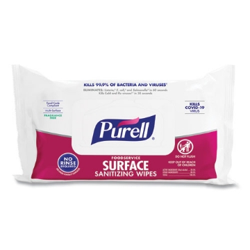 Picture of Foodservice Surface Sanitizing Wipes, 1-Ply, 7.4 X 9, Fragrance-Free, White, 72/pouch, 12 Pouches/carton