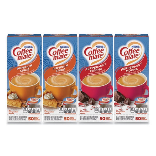 Picture of Liquid Coffee Creamer, Peppermint Mocha/Pumpkin Spice, 0.38oz Mini Cups, 50/PK, 4 PK/CT, Ships in 1-3 Business Days