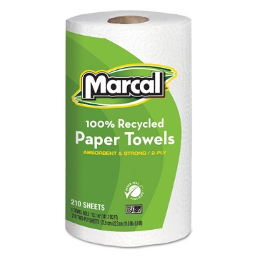 Picture of 100% Premium Recycled Kitchen Roll Towels, 2-Ply, 11 x 8.8, White, 210 Sheets, 12 Rolls/Carton
