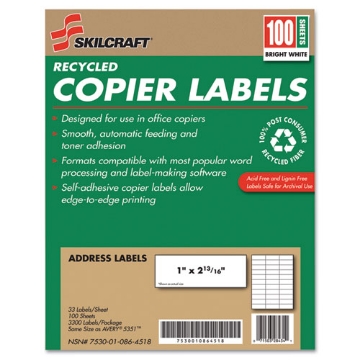 Picture of 7530010864518 Skilcraft Recycled Copier Labels, Copiers, 1 X 2.81, White, 33/sheet, 100 Sheets/box