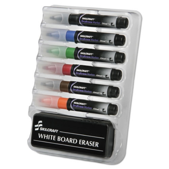 Picture of 7520013527321 Skilcraft 6-Marker Dry Erase Kit, Broad Chisel Tip, Assorted Colors, 6/set