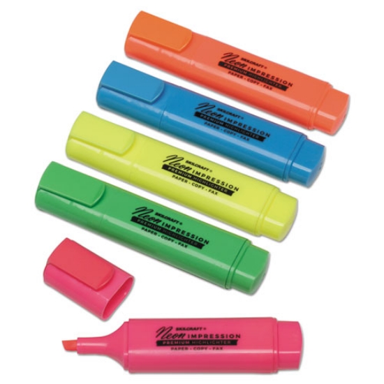 Picture of 7520014636556 Skilcraft Flat Fluorescent Highlighter, Assorted Ink Colors, Chisel Tip, Assorted Barrel Colors, 5/set