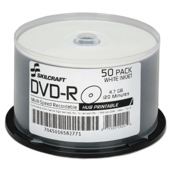 Picture of 7045016582771, Skilcraft Inkjet Printable Dvd-R, 4.7 Gb, 16x, Spindle, White, 50/pack