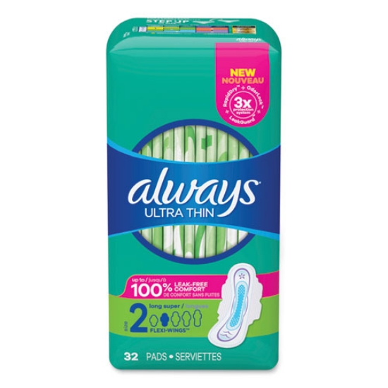 Picture of Ultra Thin Pads With Wings, Size 2, Long, Super Absorbent, 32/pack, 3 Packs/carton
