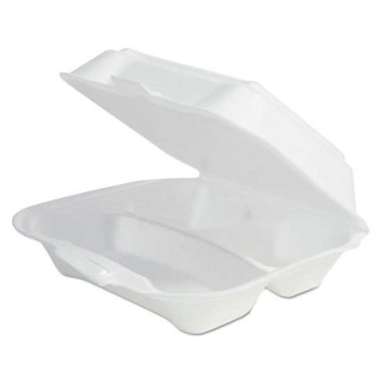 Picture of foam hinged lid container secure one tab latch, 3-compartment, 7.81 x 8.75 x 3.38, white, 100/sleeve, 2 sleeves/bag, 1 bag/pk