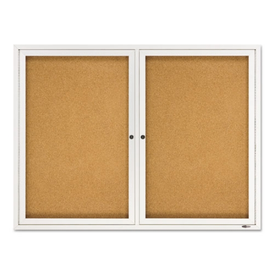 Picture of Enclosed Indoor Cork Bulletin Board with Two Hinged Doors, 48 x 36, Tan Surface, Silver Aluminum Frame