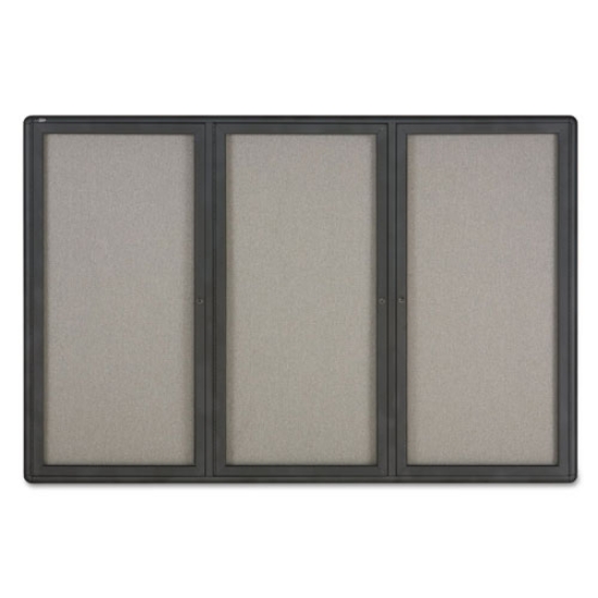 Picture of Enclosed Indoor Fabric Bulletin Board with Three Hinged Doors, 72 x 48, Gray Surface, Graphite Aluminum Frame