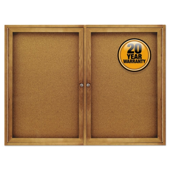 Picture of Enclosed Indoor Cork Bulletin Board with Two Hinged Doors, 48 x 36, Tan Surface, Oak Fiberboard Frame