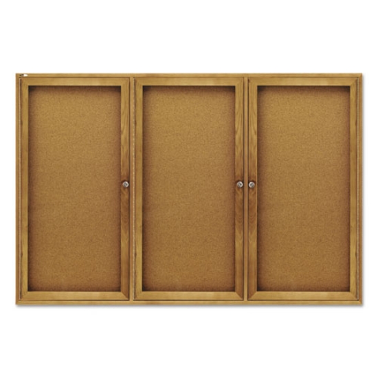 Picture of Enclosed Indoor Cork Bulletin Board with Three Hinged Doors, 72 x 48, Tan Surface, Oak Fiberboard Frame