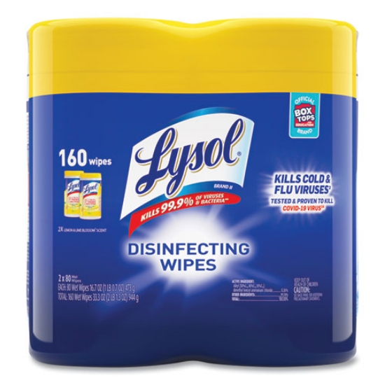 Picture of Disinfecting Wipes, 1-Ply, 7 x 7.25, Lemon and Lime Blossom, White, 80 Wipes/Canister, 2 Canisters/Pack