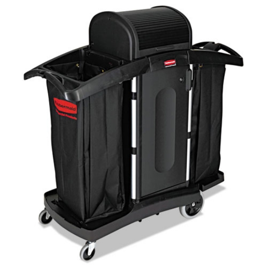 Picture of High-Security Housekeeping Cart, Plastic, 3 Shelves, 2 Bins, 22" x 51.75" x 53.5", Black/Silver