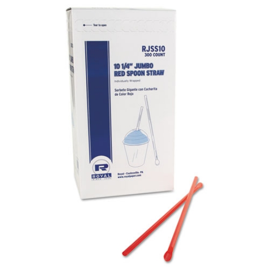 Picture of Jumbo Spoon Straw, 10.25", Plastic, Red, 300/pack, 18 Packs/carton