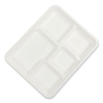 Picture of bagasse pfas-free food tray, 5-compartment, 8.26 x 10.23 x 0.94, white, bamboo/sugarcane, 500/carton
