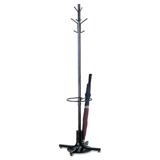 Picture of Metal Costumer with Umbrella Holder, Four Ball-Tipped Double-Hooks, 21w x 21d x 70h, Black