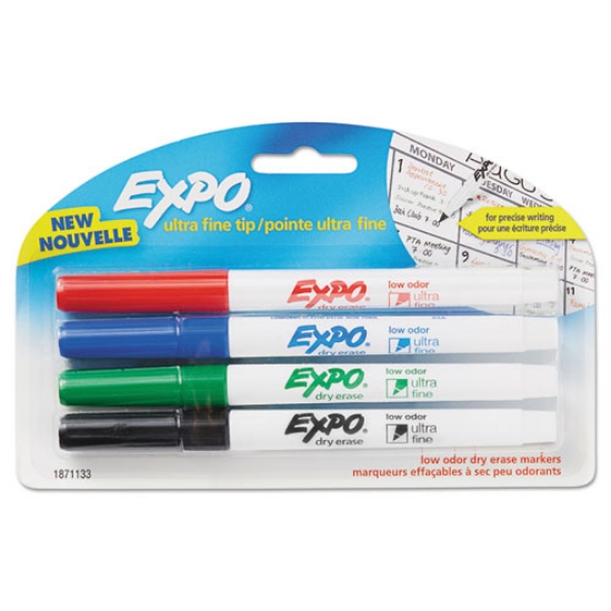 Picture of Low-Odor Dry-Erase Marker, Extra-Fine Bullet Tip, Assorted Colors, 4/Pack