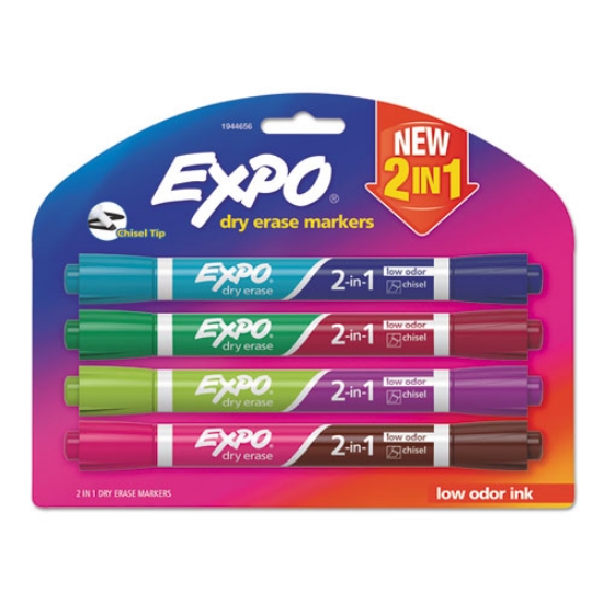 Picture of 2-In-1 Dry Erase Markers, Fine/broad Chisel Tips, Assorted Secondary Colors, 4/pack