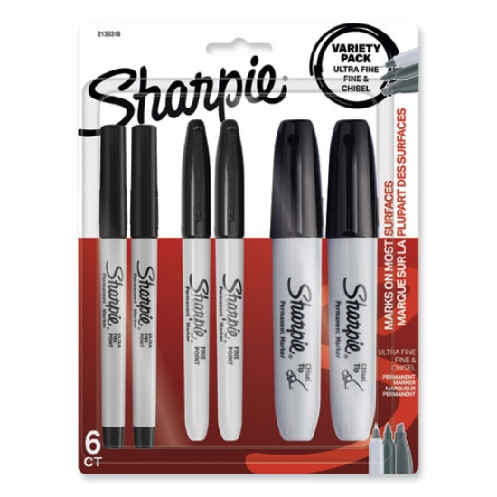 Picture of Mixed Point Size Permanent Markers, Assorted Tip Sizes/types, Black, 6/pack
