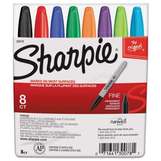 Picture of Fine Tip Permanent Marker, Fine Bullet Tip, Assorted Colors, 8/set