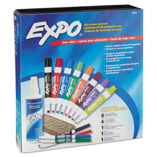 Picture of Low-Odor Dry Erase Marker, Eraser And Cleaner Kit, Medium Assorted Tips, Assorted Colors, 12/set
