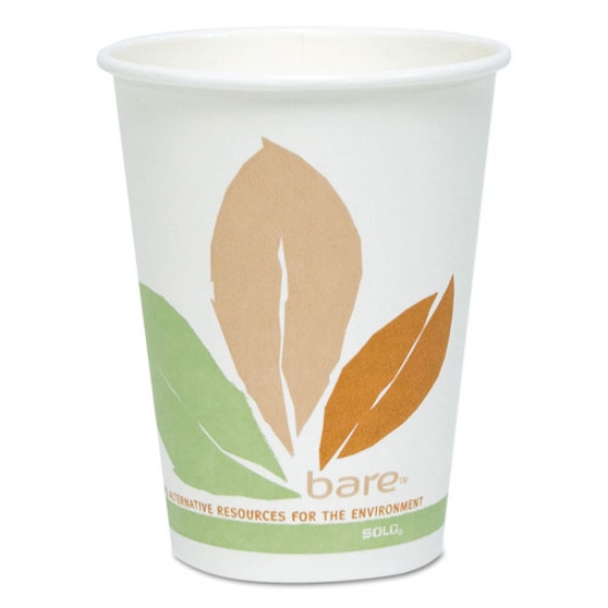 Picture of Bare Eco-Forward PLA Paper Hot Cups, 12 oz, Leaf Design, White/Green/Orange, 50/Pack