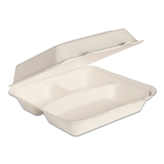 Picture of Bare Eco-Forward Bagasse Hinged Lid Containers, ProPlanet Seal, 3-Compartment, 9.6 x 9.4 x 3.2, Ivory, Sugarcane, 200/Carton