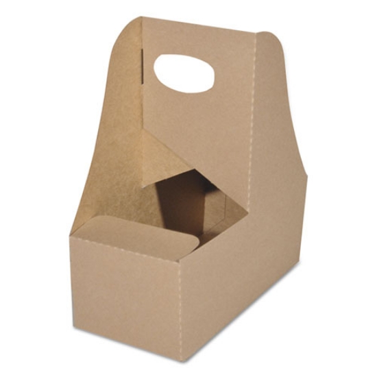 Picture of 4-Corner Pop-Up Food and Drink Trays, 2-Cup Drink Carrier, Up to 24 oz Beverages, 7.63 x 3.75 x 8.88, Brown, Paper,250/Carton