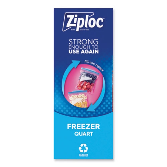 Picture of double zipper freezer bags, 1 qt, 2.7 mil, 6.97" x 7.7", clear, 38 bags/box, 9 boxes/carton