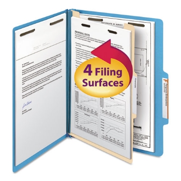 Picture of Top Tab Classification Folders, Four SafeSHIELD Fasteners, 2" Expansion, 1 Divider, Letter Size, Blue Exterior, 10/Box