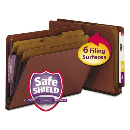 Picture of End Tab Pressboard Classification Folders, Eight SafeSHIELD Fasteners, 3" Expansion, 3 Dividers, Letter Size, Red, 10/Box