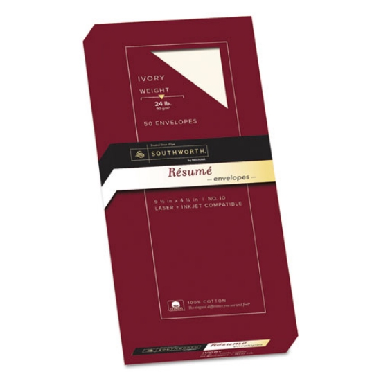 Picture of 100% Cotton Resume Envelope, #10, Commercial Flap, Gummed Closure, 4.13 X 9.5, Ivory, 50/box