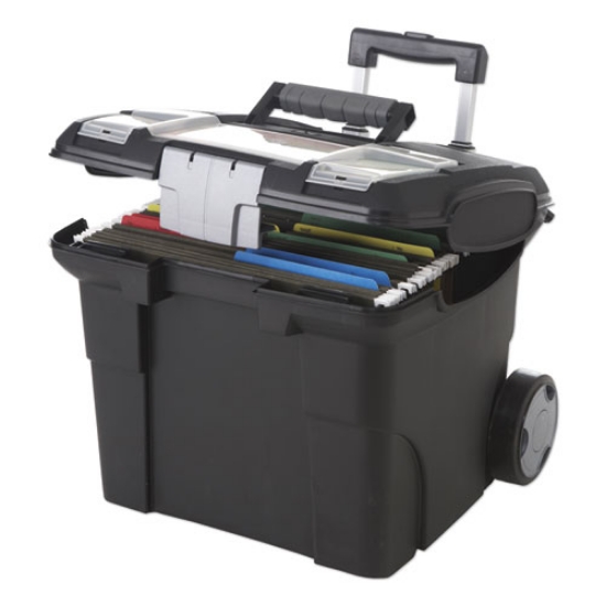 Picture of Premium Mobile File Transport Box with Telescoping Handle and Organizer Tray, Letter Files, 15" x 16.38" x 14.25", Black/Gray