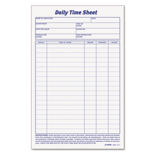Picture of Daily Time and Job Sheets, One-Part (No Copies), 8.5 x 5.5, 200 Forms/Pad, 2 Pads/Pack