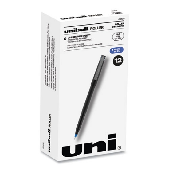 Picture of Roller Ball Pen, Stick, Fine 0.7 mm, Blue Ink, Black/Blue Barrel, Dozen