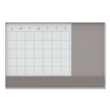 Picture of 3N1 Magnetic Glass Dry Erase Combo Board, 47 x 35, Month View, Gray/White Surface, White Aluminum Frame