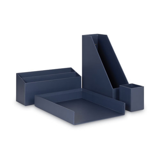 Picture of Four-Piece Desk Organization Kit, Magazine Holder/Paper Tray/Pencil Cup/Storage Bin, Chipboard, Navy