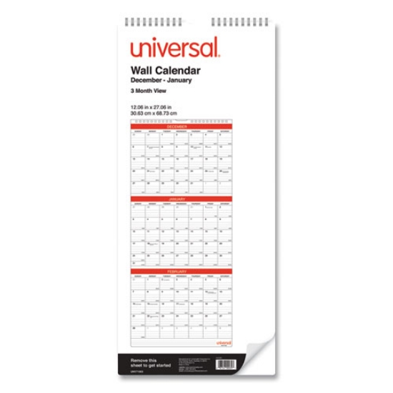 Picture of Three-Month Wall Calendar, 12 x 27, White/Black/Red Sheets, 14-Month, Dec 2023 to Jan 2025